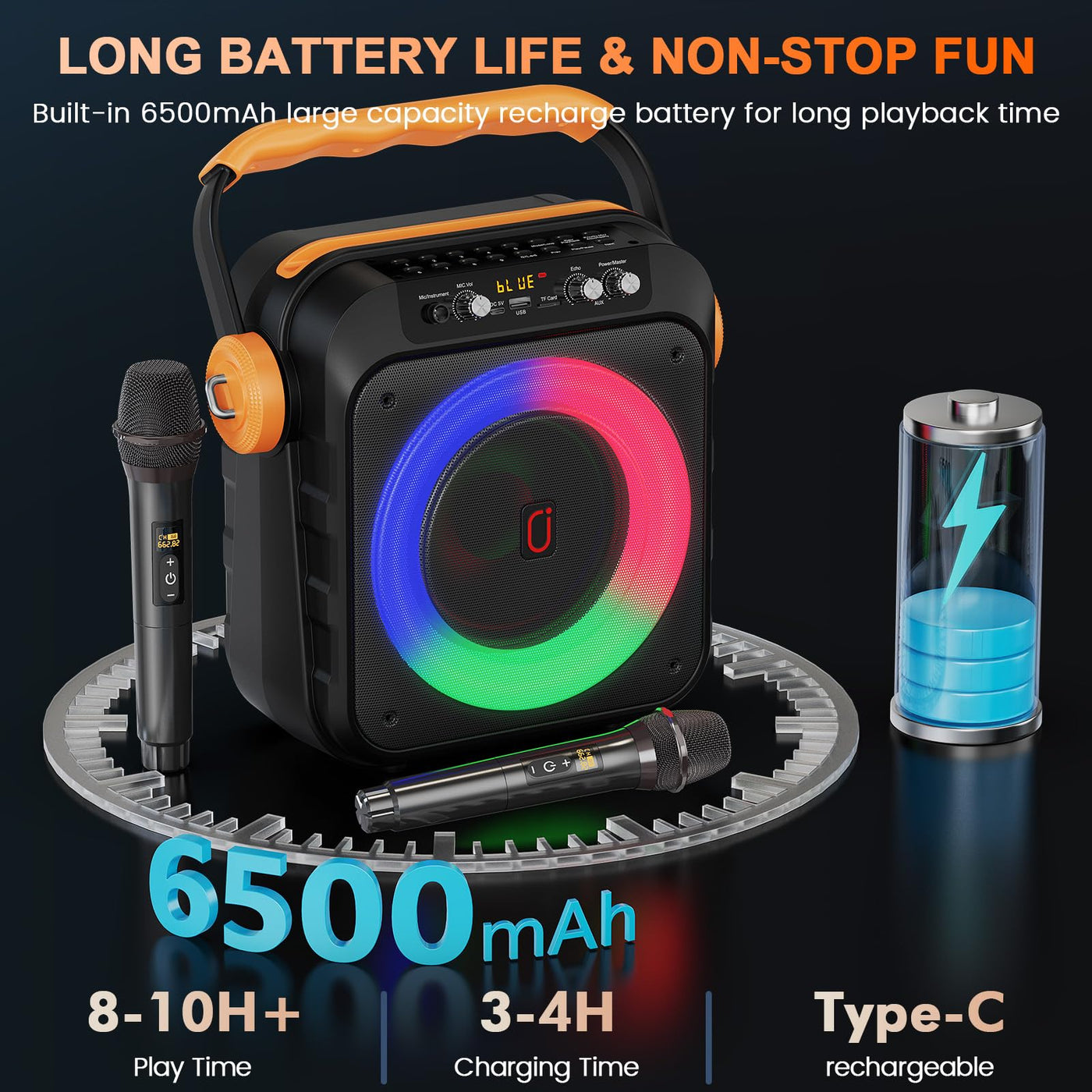 JYX Karaoke Maschine, Karaoke Anlage Mit 2 Mikrofonen, Tragbare Karaoke Maschine Mit 2 Drahtlosen Mikrofone, Bluetooth Lautsprecher Box Für Erwachsene/Kinder Mit Led Lichteffekte