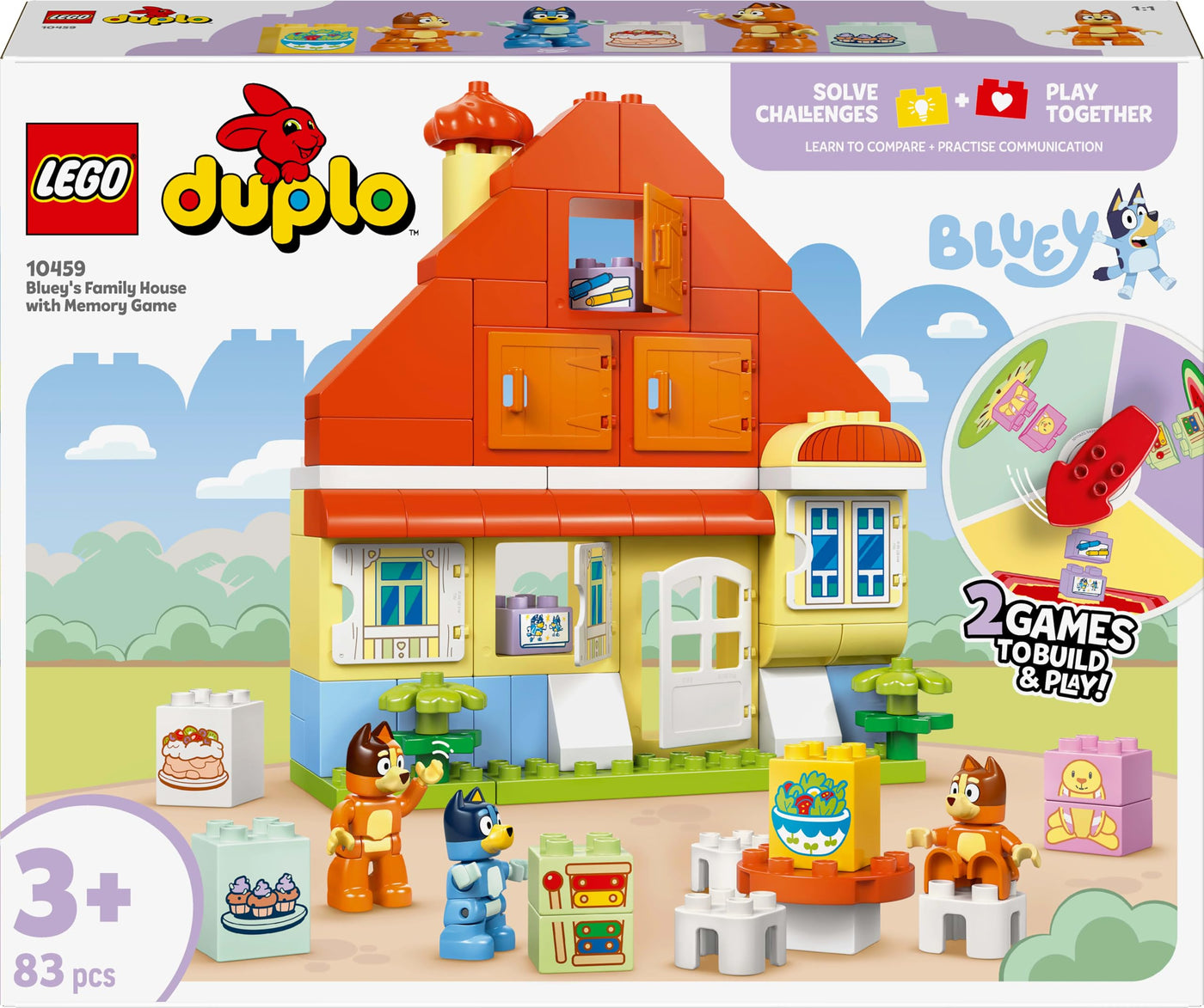 LEGO DUPLO Bluey: Blueys Familienhaus mit Memory-Spiel - Lernspielzeug für Kleinkinder - Inkl. 3 Minifiguren, aufklappbare Fenster und Brettspiel - Geschenk für Jungen & Mädchen ab 3 Jahren - 10459