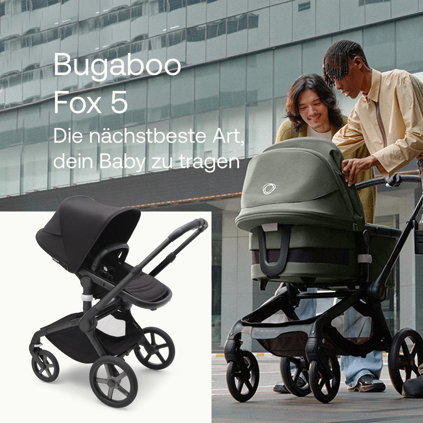 Bugaboo Fox 5, 2-in-1 Kinderwagen für jedes Gelände, mit Liegewanne und ausziehbarem Kleinkindsitz, einfach zu manövrieren und Ein-Hand Faltung, Fahrgestell, Liegewanne und Sonnendach in Schwarz