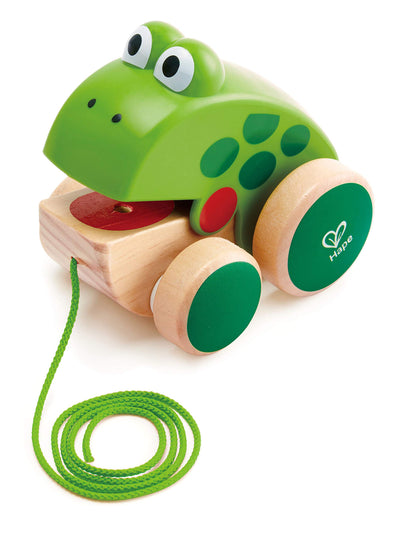 Hape Nachziehfrosch Fridolin von Hape | Holzfrosch Fliegen fressendes Nachzieh-Spielzeug für Kleinkinder, leuchtende Farben