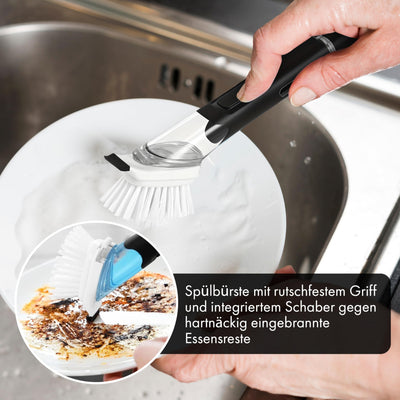 Spülbürste mit Spülmittelspender, Küchenbürste, Geschirrbürste, Abwaschbürste, mit Spülmittel befüllbar, Spülbürste schwarz, Set, Schwamm, Topf, Pfanne