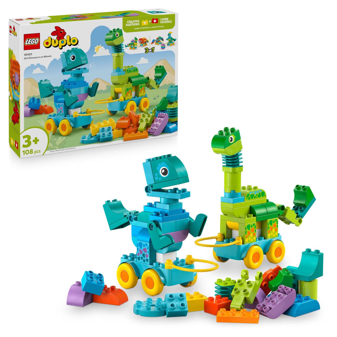 LEGO DUPLO Dinos auf Rädern 3-in-1-Set - Lernspielzeug für Jungen & Mädchen ab 3 Jahren - Diplodocus und T. Rex, Triceratops & Stegosaurus oder Pteranodon & Parasaurolophus Dinosaurier Figuren - 10451