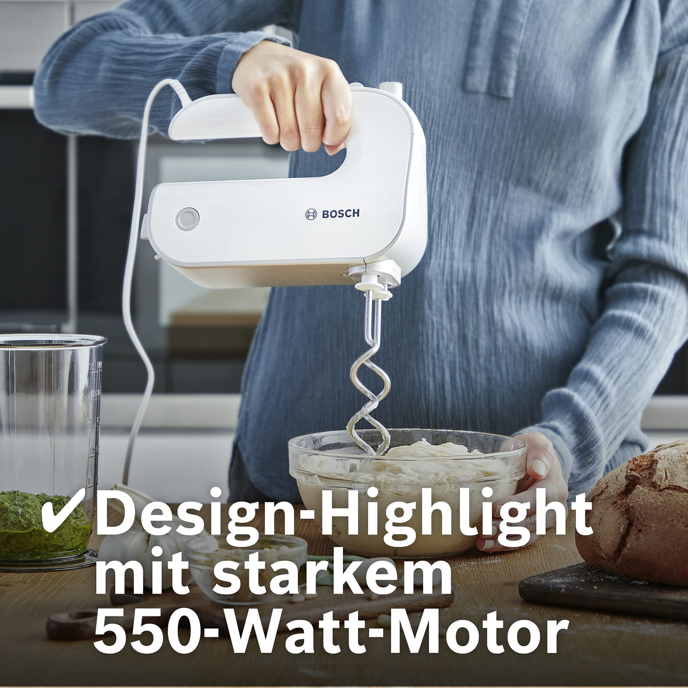 Bosch Handrührer Styline MFQ4075DE, 2 Rührbesen, 2 Edelstahl-Knethaken, spülmaschinengeeignet, Pürierstab, Mixbecher, 5 Stufen plus Turbostufe, 550 W, weiß/silber
