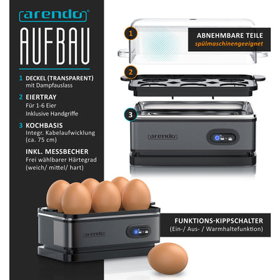 Arendo - Eierkocher Edelstahl mit Warmhaltefunktion - Kipp-Funktionsschalter mit Indikationsleuchte - frei wählbarer Härtegrad - rostfreier gebürsteter Edelstahl - BPA-frei - in Cool Grey