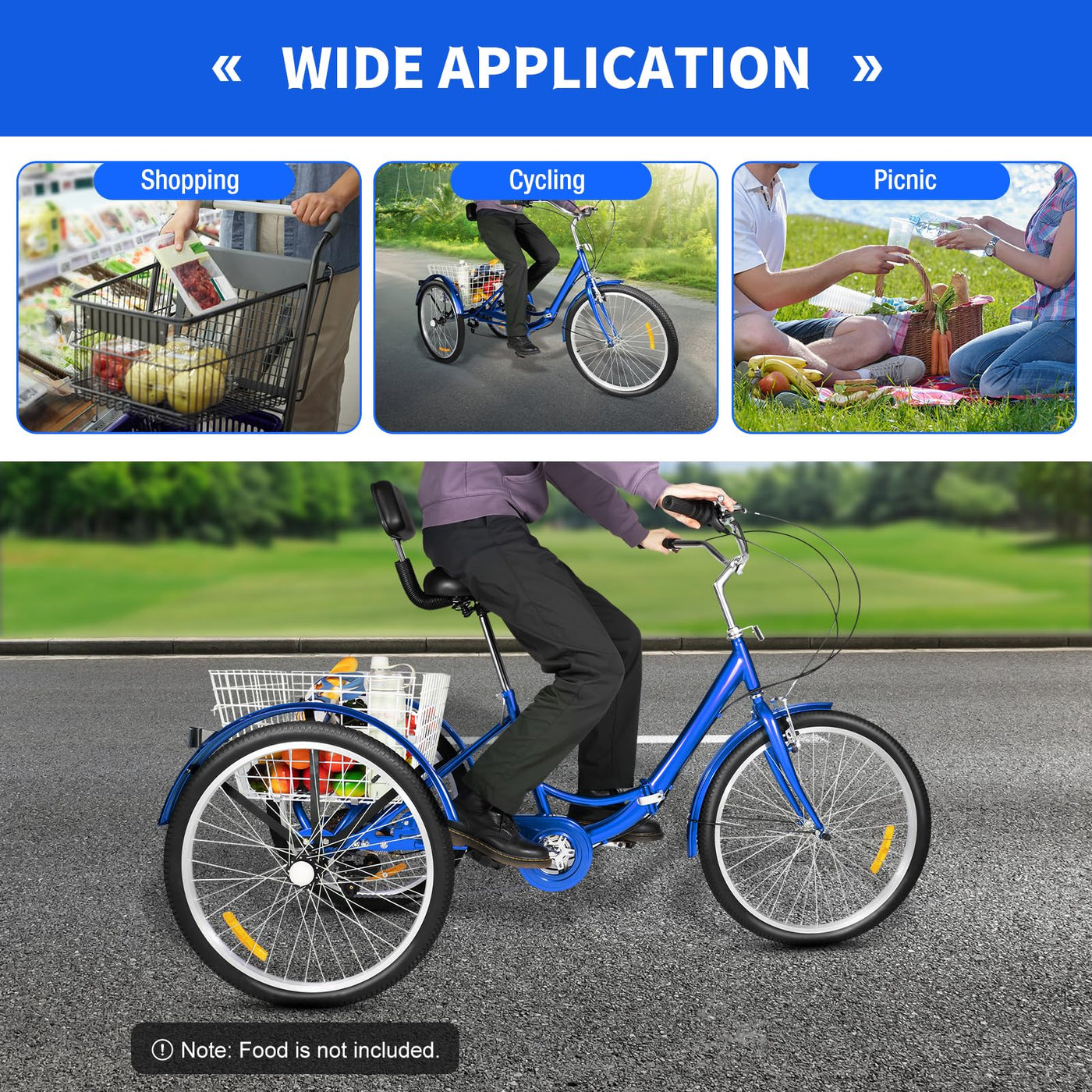 Taozhiyy 24 Zoll Dreirad Erwachsene, Faltbar 3 Rad Fahrrad, 7 Speed 3 Räder Cruise Bike mit Korb Rückenlehne, Trike Tricycle Scheibenbremse Belastung 120kg (Blau)