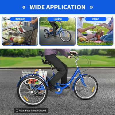 Taozhiyy 24 Zoll Dreirad Erwachsene, Faltbar 3 Rad Fahrrad, 7 Speed 3 Räder Cruise Bike mit Korb Rückenlehne, Trike Tricycle Scheibenbremse Belastung 120kg (Blau)