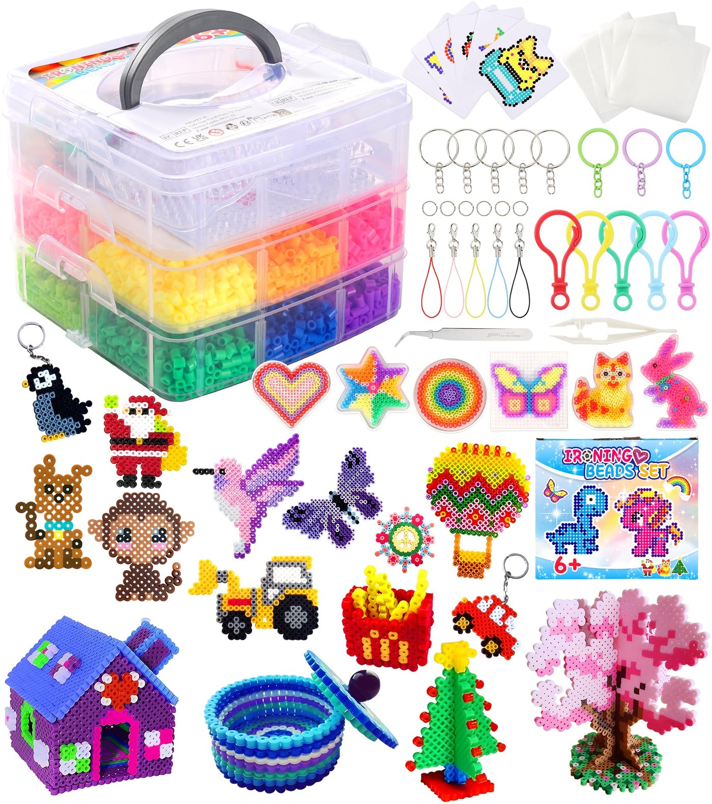 Ophy Bügelperlen Set | 15000 Stück 5mm Bügelperlen mit Dreilagiger Aufbewahrungsbox, 6 Bügelperlen Platten, 16 Muster, 5 Bügelpapiere, 20 Farben DIY Bügelperlenn, 3D für Kinder Geschenk Bastelideen