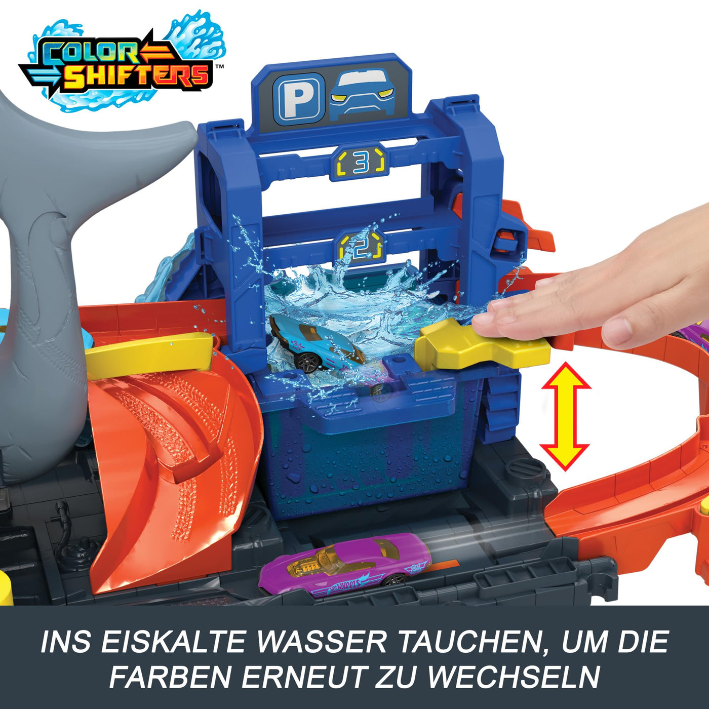 Hot Wheels Let's Race Netflix -City Spielzeugauto-Trackset, Ultimative Hai-Autowaschanlage mit Spielzeugauto im Maßstab 1:64, Farbwechselfunktion, wiederholbarer Farbwechsel-Effekt, Aufbewahrung,HTN82