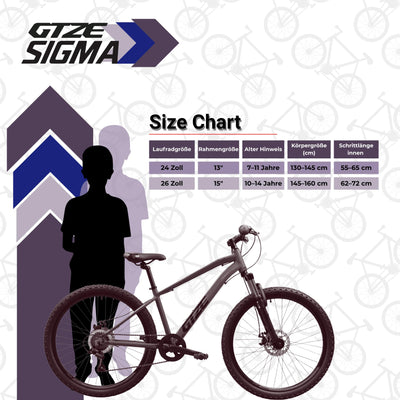 Goetze Sigma 26 x 2.10 Zoll Jugendfahrrad | MTB Hardtail | 7-Gang Kettenschaltung mit Drehgriff | Mechanische Scheibenbremsen | Aluminiumrahmen 15" | Federgabel | ab 145 cm Körpergröße