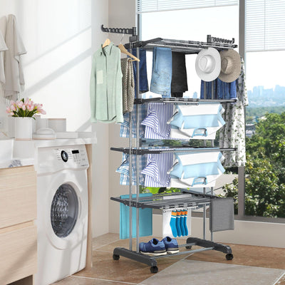 johgee 5 Ebenen Wäscheständer Wäschetrockner Turm mit Rollen, Höhenverstellbar klappbarer Waschestander mit 8 Klappbare Flügel und 4 Sockenklammern, Edelstahl Standtrockner Wäscheturm für Innen&Außen