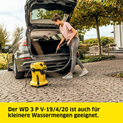 Kärcher Nass-/Trockensauger WD 3 P V-19/4/20, inkl. Patronenfilter, Vliesfilterbeutel, 1.000 W, Kunststoffbehälter: 19 l, Saugschlauch: 2 m, integrierte Steckdose für Elektrowerkzeuge