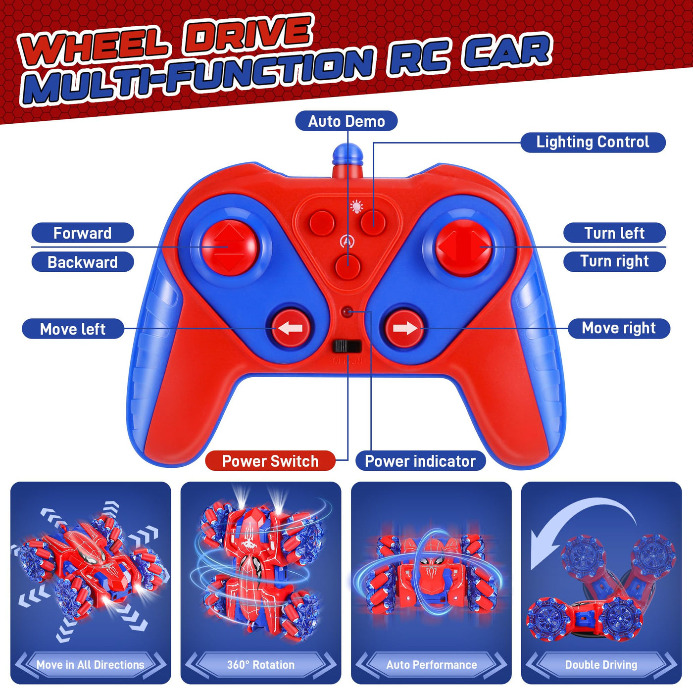 Kssvzz Spider Ferngesteuertes Auto ab 3-10 Jahre, 2.4GHz Doppelseitig RC Auto mit USB-C Wiederaufladbarer Akku/360°-Drehung/Kühles Licht, 4WD RC Car Spielzeug ab 3 4 5 6 7 8 9 Jahre Junge