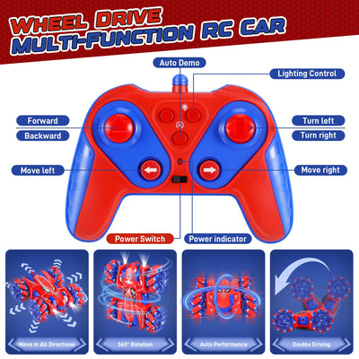 Kssvzz Spider Ferngesteuertes Auto ab 3-10 Jahre, 2.4GHz Doppelseitig RC Auto mit USB-C Wiederaufladbarer Akku/360°-Drehung/Kühles Licht, 4WD RC Car Spielzeug ab 3 4 5 6 7 8 9 Jahre Junge