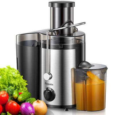 Reemix Entsafter Gemüse und Obst, Max Juicer Machine aus Edelstahl mit 3 Geschwindigkeitsstufen, 65mm Großem Mund Zufuhrschacht Zentrifugal Entsafter