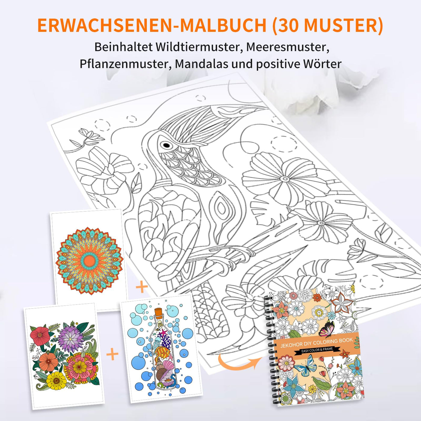Malbuch für Erwachsene und Marker Set, Spiral gebundene Färbung Buch für Erwachsene Entspannung mit 36 Farben Marker, Angst Relief Geschenke mit 30 Mustern enthalten Mandala Tier Blumen