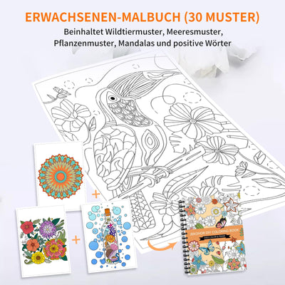 Malbuch für Erwachsene und Marker Set, Spiral gebundene Färbung Buch für Erwachsene Entspannung mit 36 Farben Marker, Angst Relief Geschenke mit 30 Mustern enthalten Mandala Tier Blumen