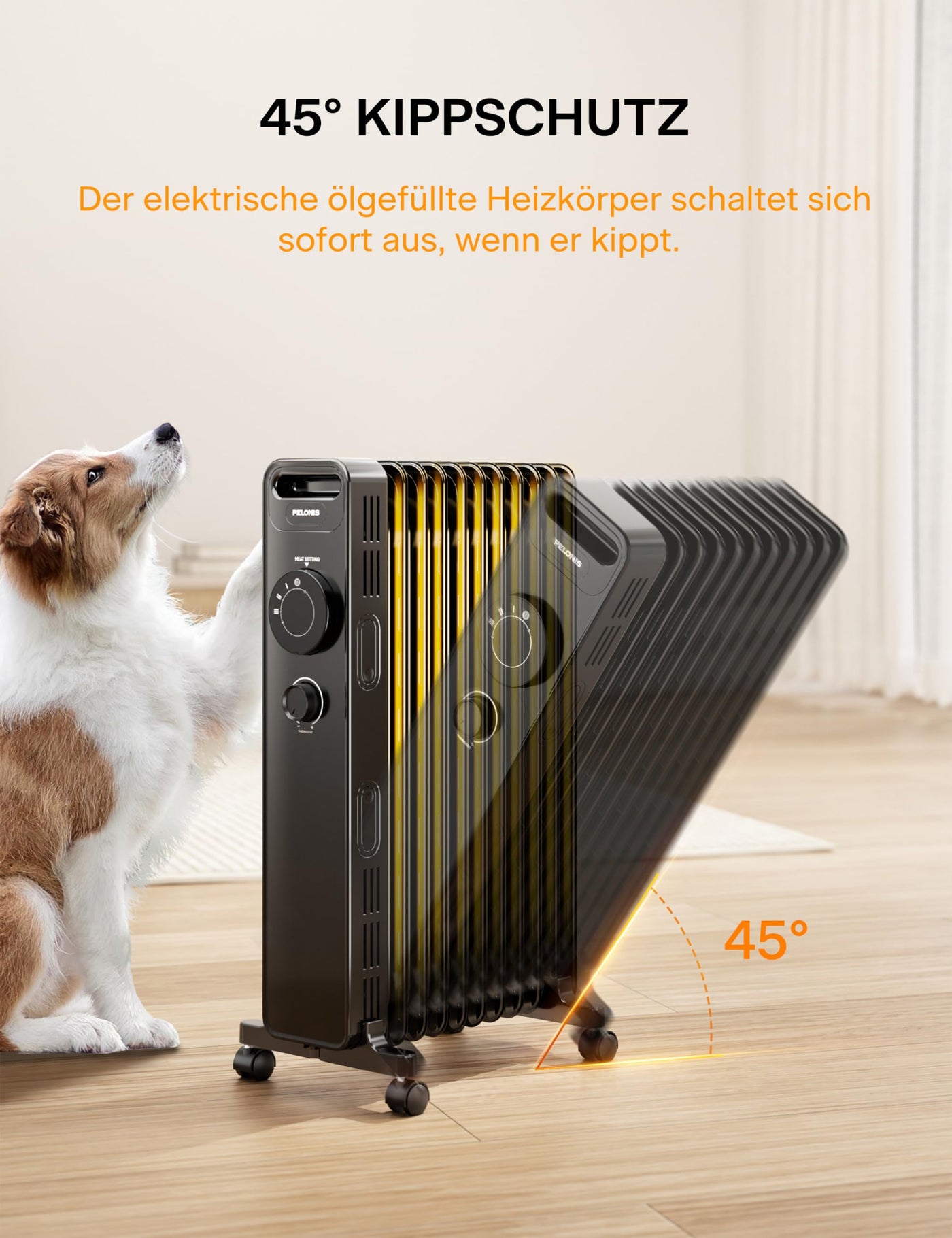 PELONIS Ölgefüllter Heizkörper mit einstellbarem Thermostat, Elektrischer Heizkörper mit 3 Wärmestufen, einstellbarem Thermostat, Kipp- und Überhitzungsschutz, Energieeffizient - 2,3kW 21m²