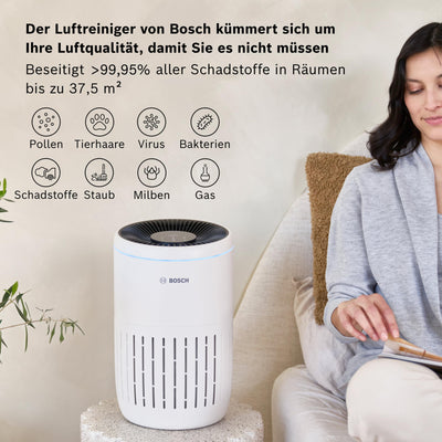 Bosch Air 2000 Luftreiniger für bis zu 37,5 m² entfernt effizient Verschmutzungen mit HEPA Filter, Smart Sensor, Ruhe-Modus - Allergiker-geeignet