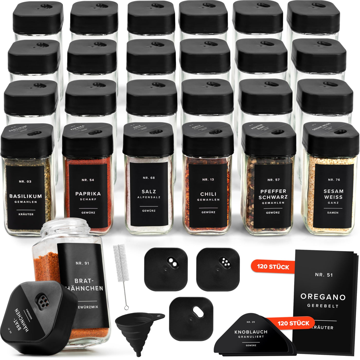 EDELHAUS Gewürzgläser Eckig Set mit Streueinsatz Deckel (24 x 120ml) Gewürzstreuer mit 240 Etiketten Schwarz - Hochwertige Gewürzbehälter, Gewürzdosen