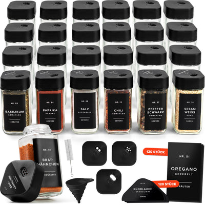 EDELHAUS Gewürzgläser Eckig Set mit Streueinsatz Deckel (24 x 120ml) Gewürzstreuer mit 240 Etiketten Schwarz - Hochwertige Gewürzbehälter, Gewürzdosen