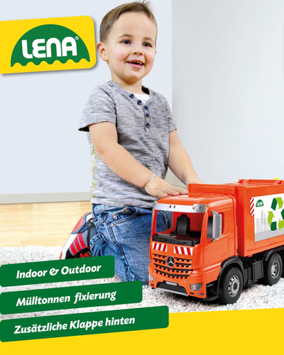 Lena 4614 Worxx Müllauto Mercedes Benz Arocs, Spielauto ca. 53 cm, Nutzfahrzeug für Kinder ab 3 Jahre, robuster Müllwagen mit 2 Mülltonnen und realitischen Spielfunktionen, orange