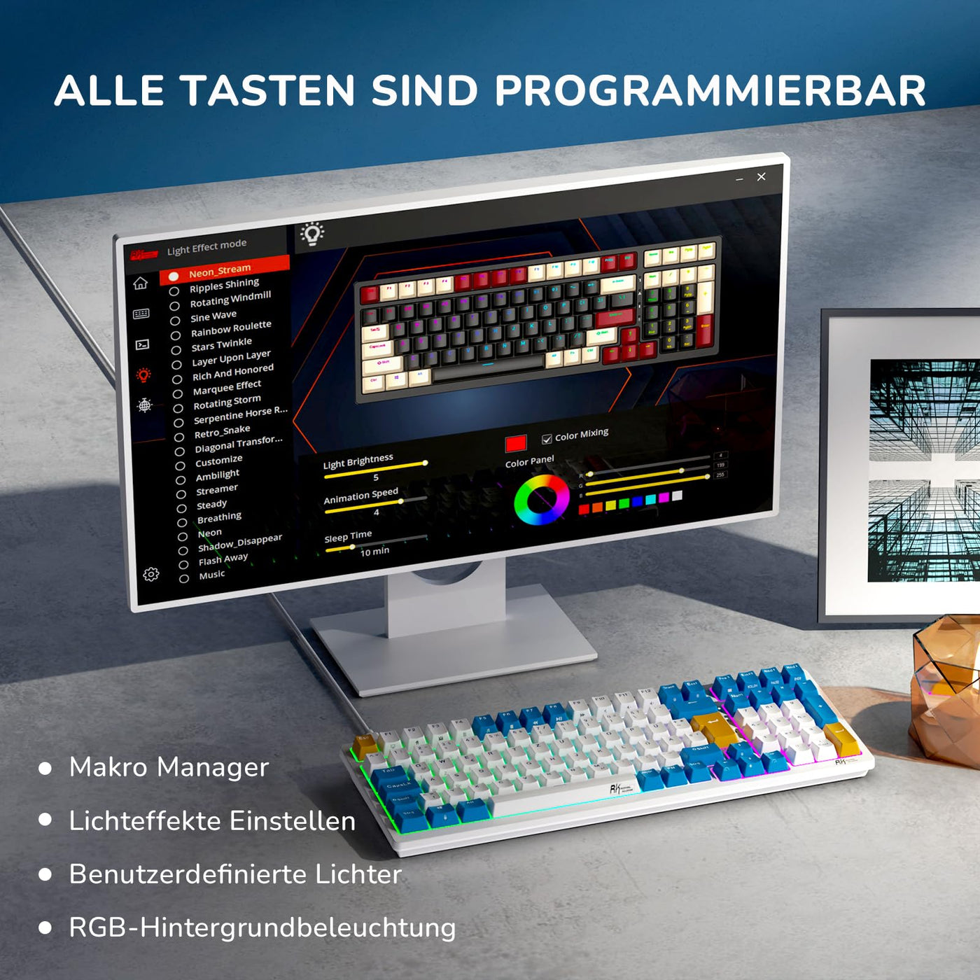 RK ROYAL KLUDGE RK98 Mechanische Tastatur Kabellose Gaming Tastatur 2.4G/Bluetooth 5.1/USB-C RGB Hinterleuchtet Deutsches Layout QWERTZ 100 Tasten Hot Swappable Braune Schalter, Weiß