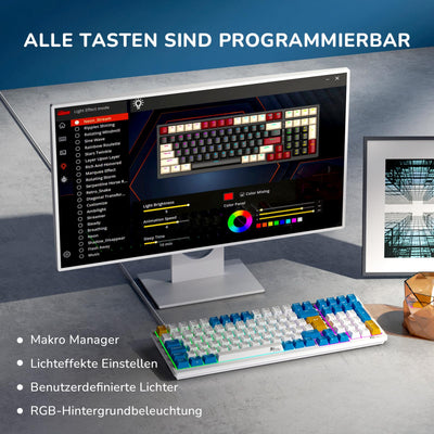 RK ROYAL KLUDGE RK98 Mechanische Tastatur Kabellose Gaming Tastatur 2.4G/Bluetooth 5.1/USB-C RGB Hinterleuchtet Deutsches Layout QWERTZ 100 Tasten Hot Swappable Braune Schalter, Weiß