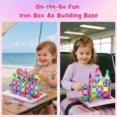 Reise Magnetische Tiles Glitzer Konstruktion Set 42pcs Reisespielzeug für Kinder MINT- Magnetische Fliesen mit Eisenkastenbasis, Magnetische Bausteine Reise Spielzeug Geschenk für 3+ Jahre Mädch