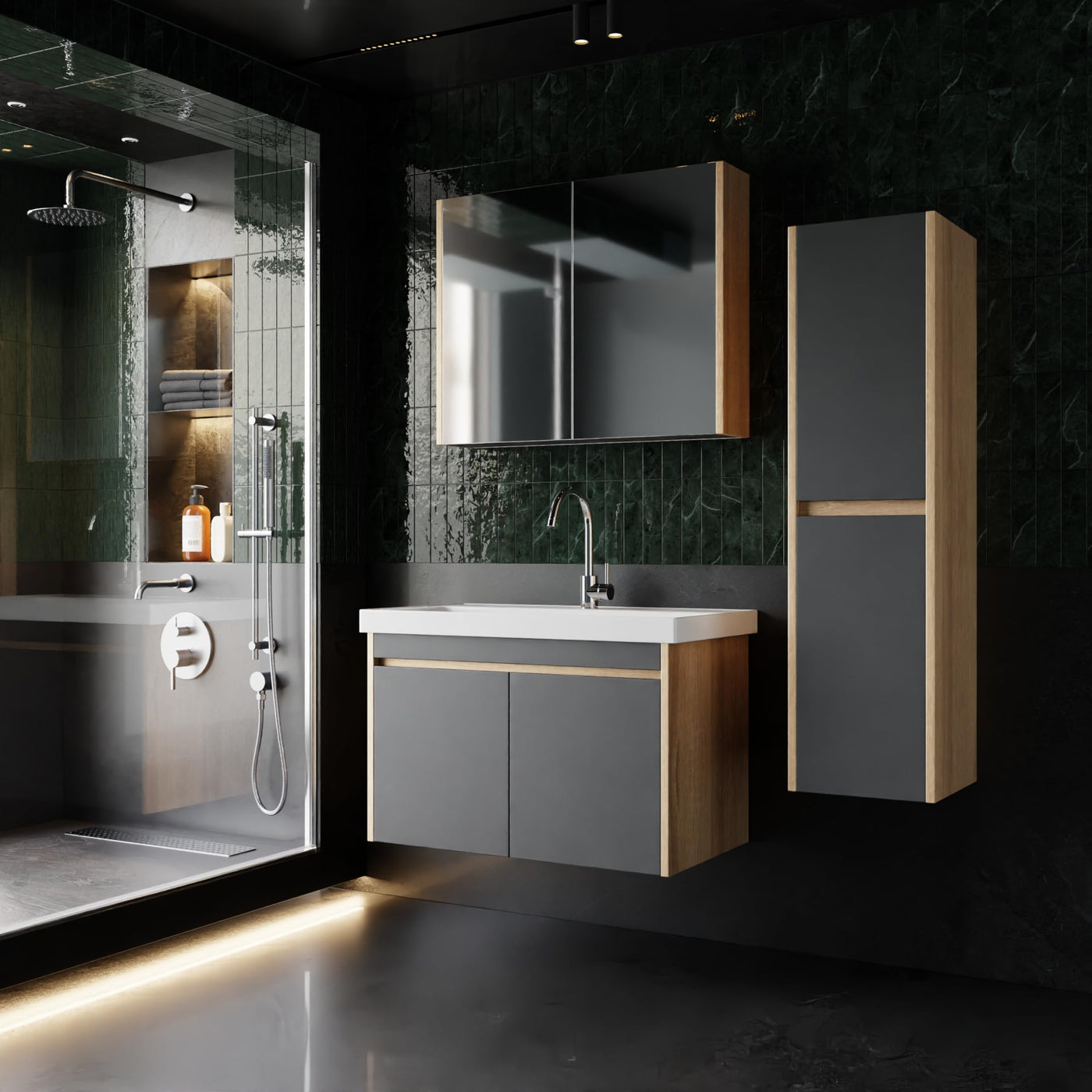 Komplettprogramme Badezimmermöbel Set Dallas 80 cm | Keramikwaschbecken | Spiegelschrank | Unterschrank | Hochschrank | Waschbeckenunterschrank Waschbeckenschrank Badezimmerschrank Badmöbelset