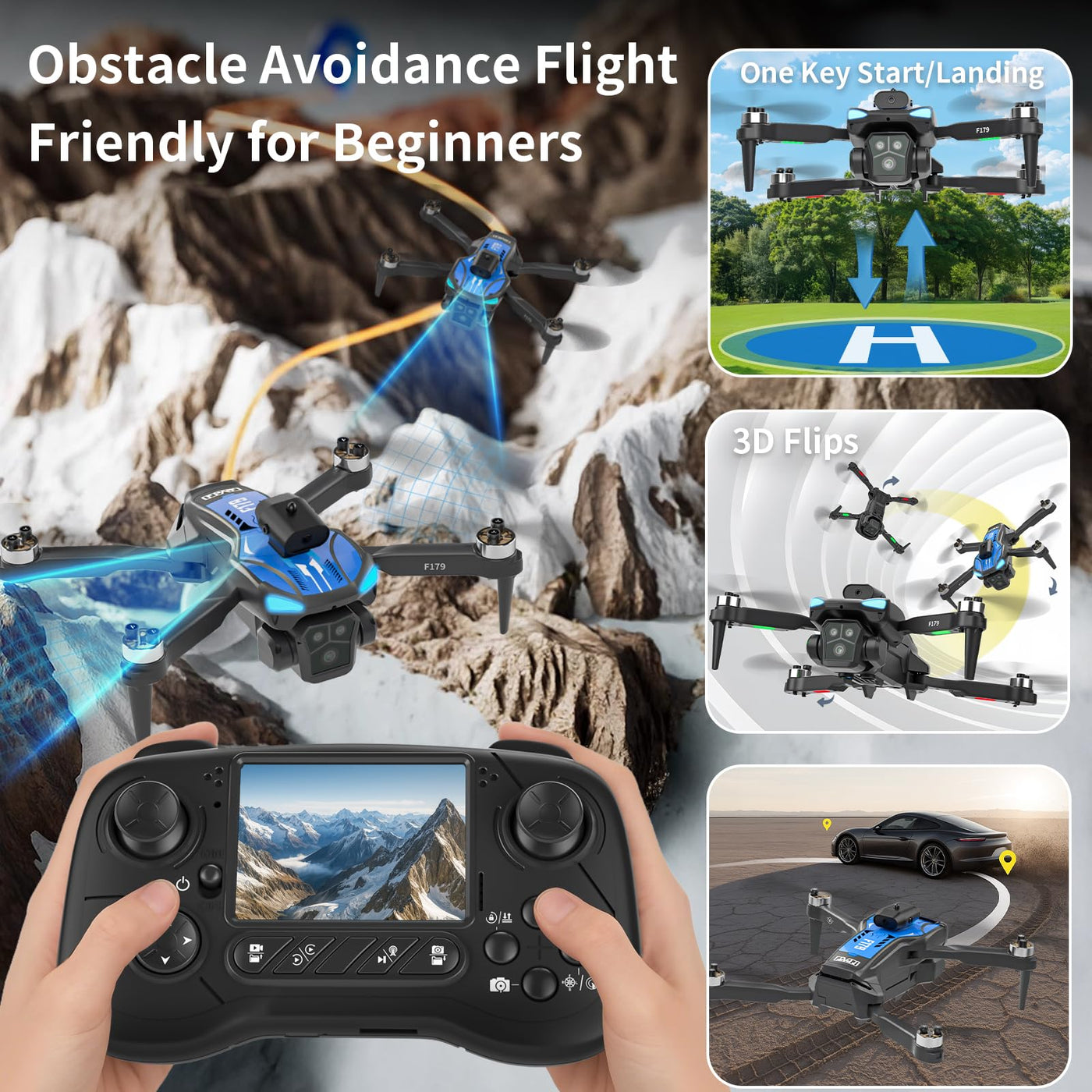 Drohne FPV mit 1080P Kamera Adult,2.8" LCD Bildschirm Fernbedienung,Quadcopter Hindernisvermeidung für Beginner,Tippen Fliegen Höhenhaltung Geste Schwerkraftsteuerung faltbar,3 Geschwindigkeiten
