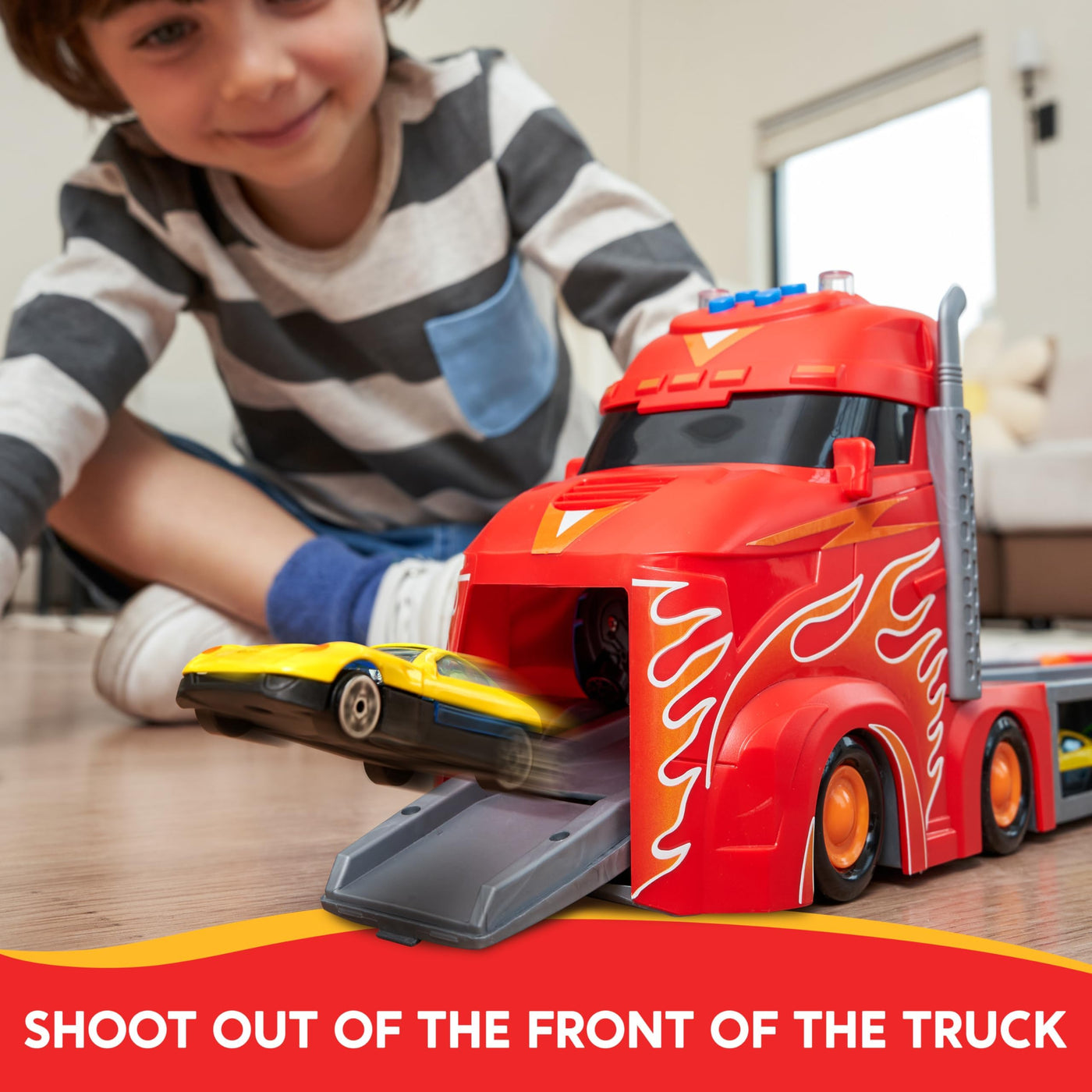 SYNCFUN Transport Renn Truck Spielzeugautos,riesiges Rennstrecken Truck Spielzeug,faltbares Set mit 12 Metallautos,Lichtern und Geräuschen,Geschenk für 3,4,5,6 und 7jährige Jungen und Mädchen