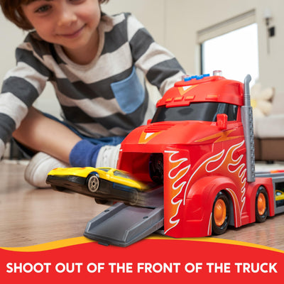 SYNCFUN Transport Renn Truck Spielzeugautos,riesiges Rennstrecken Truck Spielzeug,faltbares Set mit 12 Metallautos,Lichtern und Geräuschen,Geschenk für 3,4,5,6 und 7jährige Jungen und Mädchen