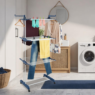 Relaxdays Wäscheständer, ausklappbare Flügel, HBT: 179 x 126 x 63,5 cm, Metall, rollbarer Turmwäscheständer, weiß/blau