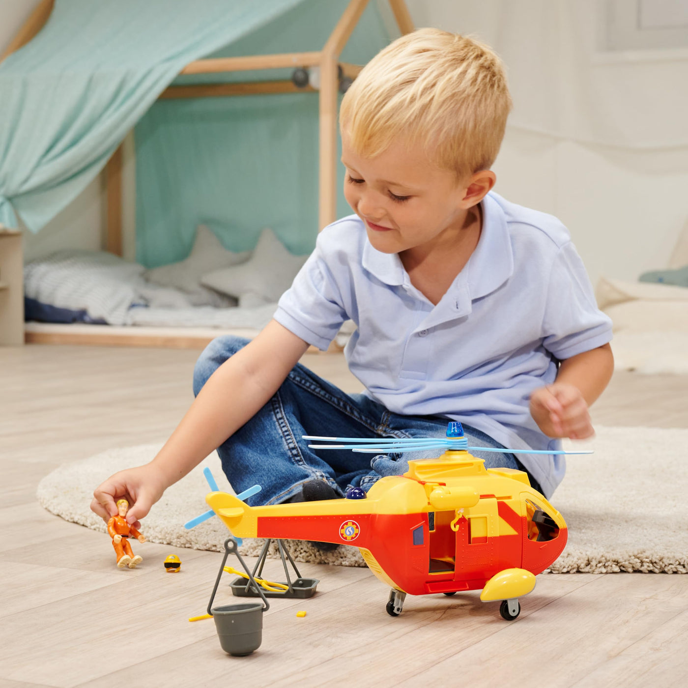 Simba Feuerwehrmann Sam Hubschrauber Wallaby II Update, automatischem Rotor, Licht, Sound, Seilwinde, Tom Figur, Zubehör, 34cm, ab 3 Jahre