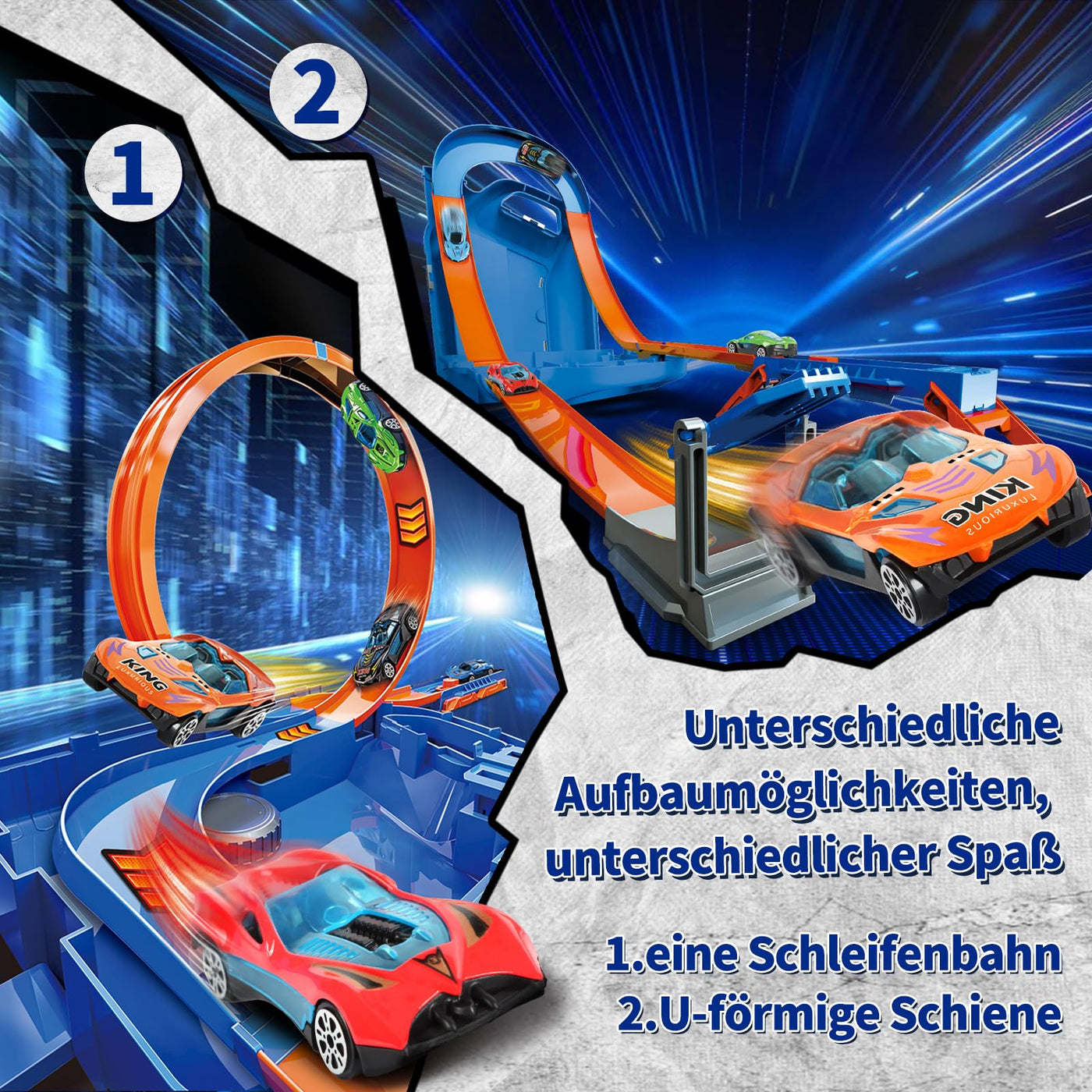 Charmofun Autorennbahn für Kinder, Rennstrecke Auto Spielzeug mit 6 Autos, Aufbewahrungsbox, Auto Rennbahn Mit Looping und U Track, Portable Spielzeug autorennbahn für Kinder ab 3 Jahre (Blau)