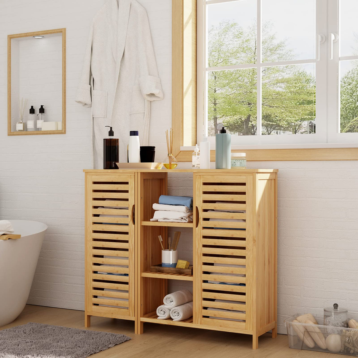 sogesfurniture Badschrank Bambus, Badezimmerschrank, Beistellschrank mit 4 Ablagen und 2 Lamellentüren Aufbewahrungsschrank für Badezimmer, Wohnzimmer, Küche, 100x33x87cm