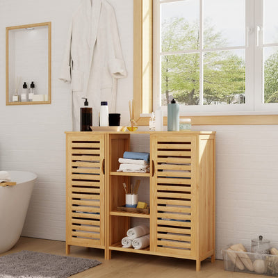 sogesfurniture Badschrank Bambus, Badezimmerschrank, Beistellschrank mit 4 Ablagen und 2 Lamellentüren Aufbewahrungsschrank für Badezimmer, Wohnzimmer, Küche, 100x33x87cm