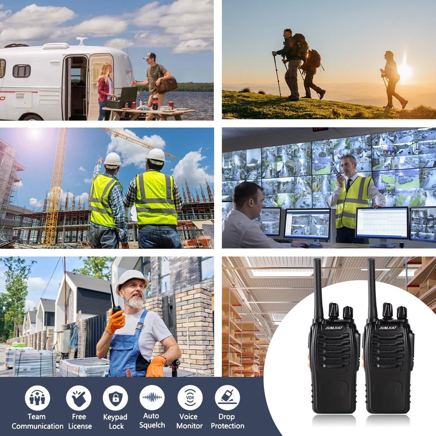 JUMJIAT Walkie -Talkie 16 Kanälegroße Reichweite Funkgeräte,Walkies talkies Eingebauter LED Taschenlampe, USB-Ladestation Cable mit Type-C und Headset (2 Stück)