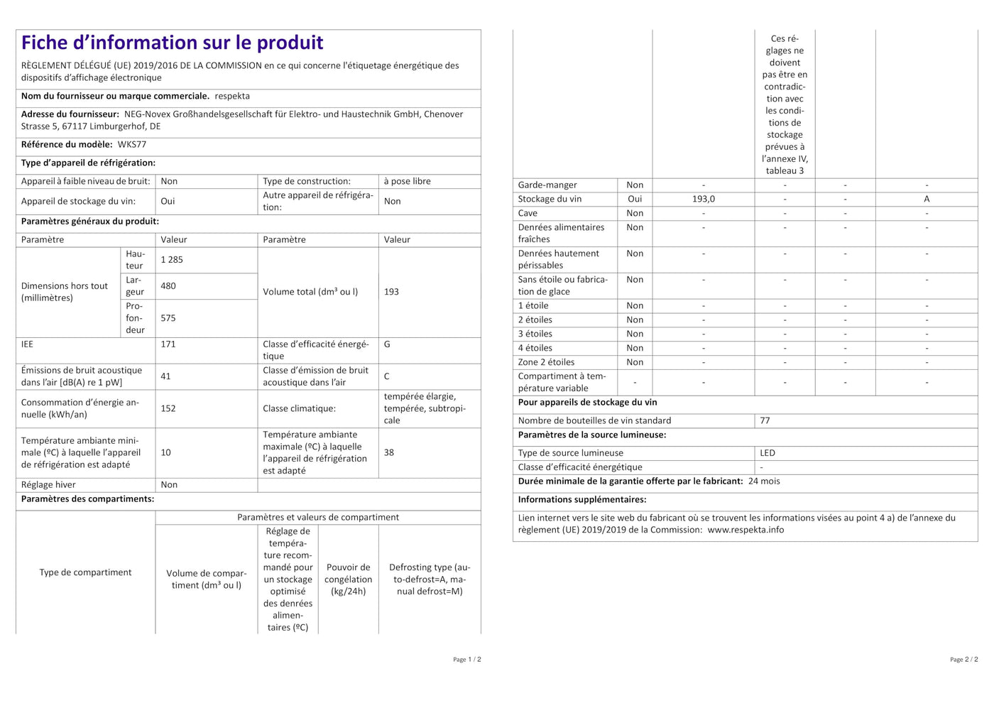 Respekta Weinkühlschrank freistehend für 77 Standardflaschen / 193 L Nutzinhalt/Regelbares Thermostat 5-22°C/Touch Control/LED Leuchte/Wechselbarer Türanschlag/Max. 43 dB/WKS 77