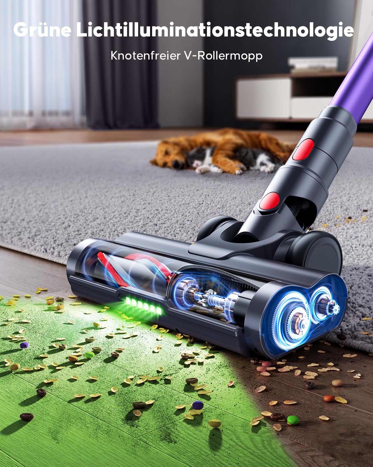 Powerffy Akku Staubsauger 550W/45KPa/60Min, Staubsauger Kabellos mit HD-Display, Aromatherapie, 1,8L-Staubbehälter, Akkustaubsauger grünem LED-Licht Bürste für Teppiche, Hartböden und Tierhaare