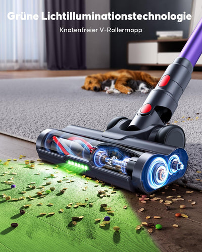 Powerffy Akku Staubsauger 550W/45KPa/60Min, Staubsauger Kabellos mit HD-Display, Aromatherapie, 1,8L-Staubbehälter, Akkustaubsauger grünem LED-Licht Bürste für Teppiche, Hartböden und Tierhaare
