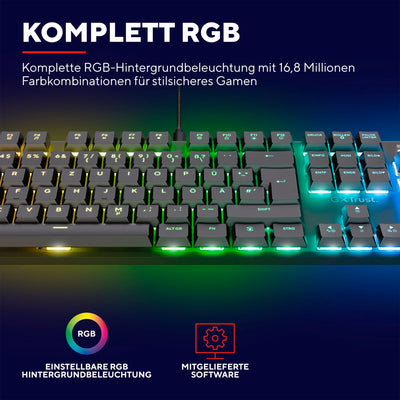 Trust GXT 868 Torix Mechanische Tastatur Kabellos Deutsches QWERTZ Layout, RGB Wiederaufladbare Gaming Tastatur 2.4 GHz 100H Akkulaufzeit, Huano-Switches Flache Tasten, Programmierbar, PC Laptop