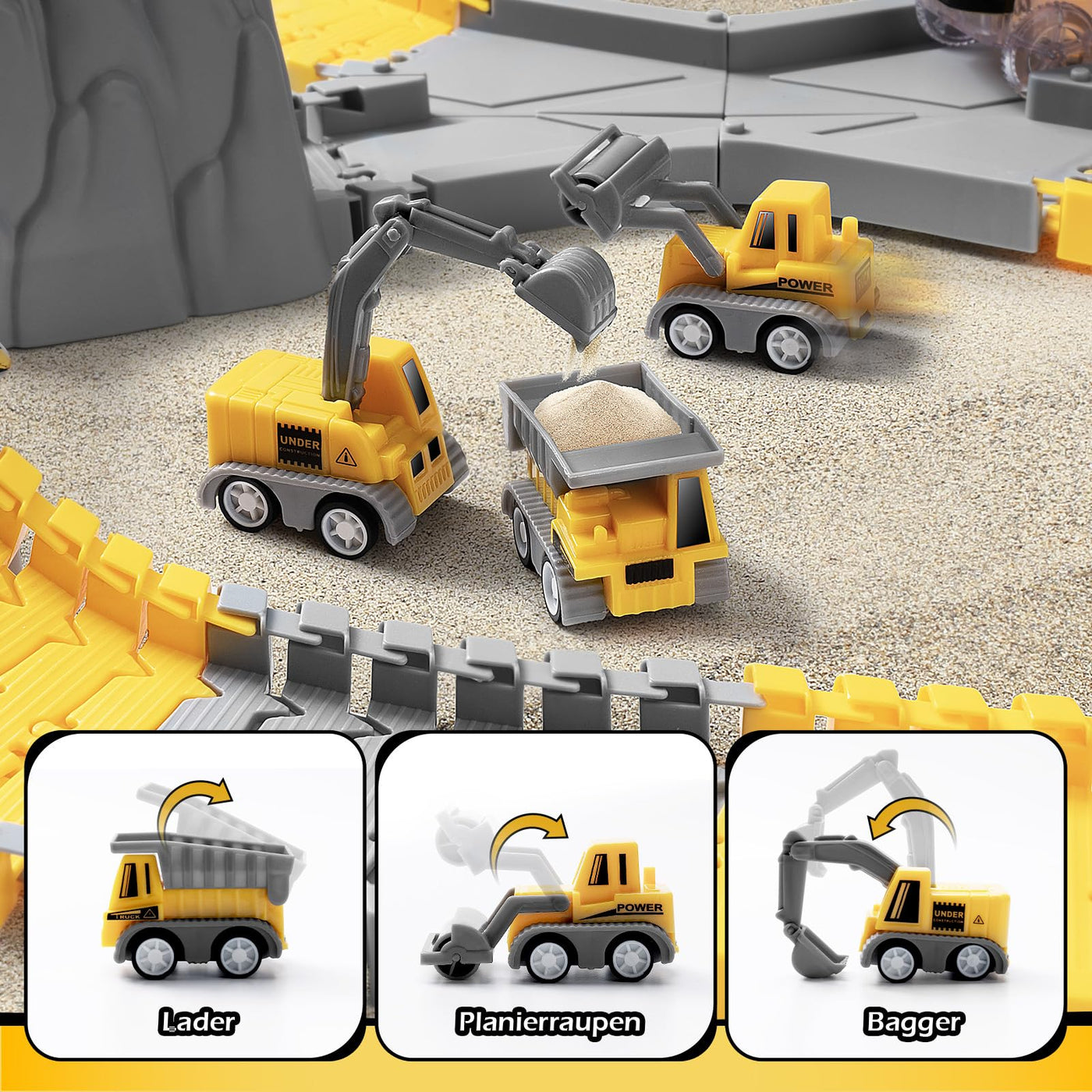 Autorennbahn ab 3 4 5 6 7 8 Jahre, 264 Stück 5 Cars Bagger Spielzeug Autorennbahn Rennbahn 2 Glow Elektroautos,3 Bauwagen,Flexibles DIY Gleis-Set Flexible Track Kran Spiele