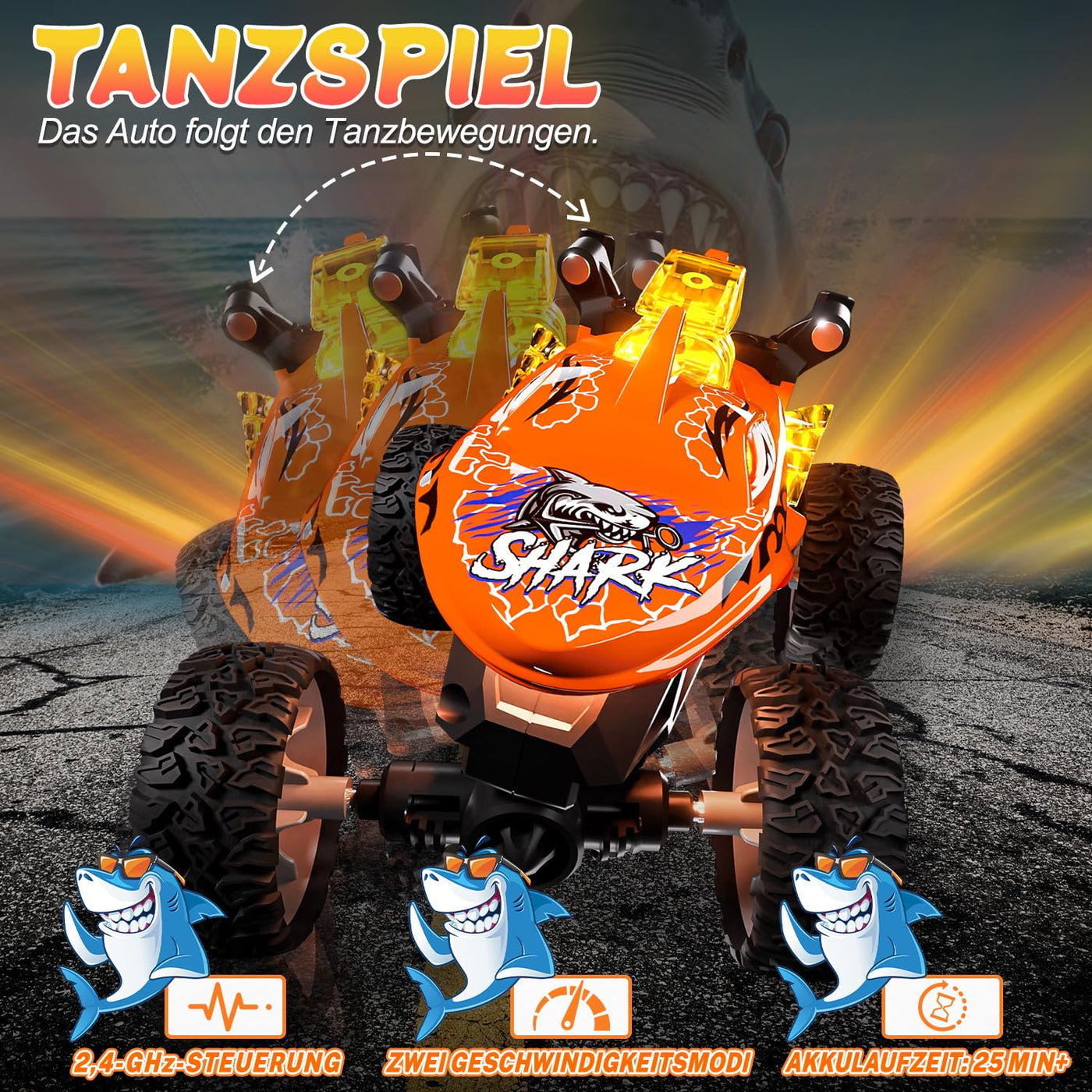 Mini Monstertruck Ferngesteuert, Hai Monster Truck mit Metallgehäuse & Licht, 2.4GHZ Ferngesteuerter Monstertruck mit 360°Drehung, USB-Type-C-Aufladung, 1/64 Ferngesteuertes Auto ab 3 4 5 6 7 8 Jahre