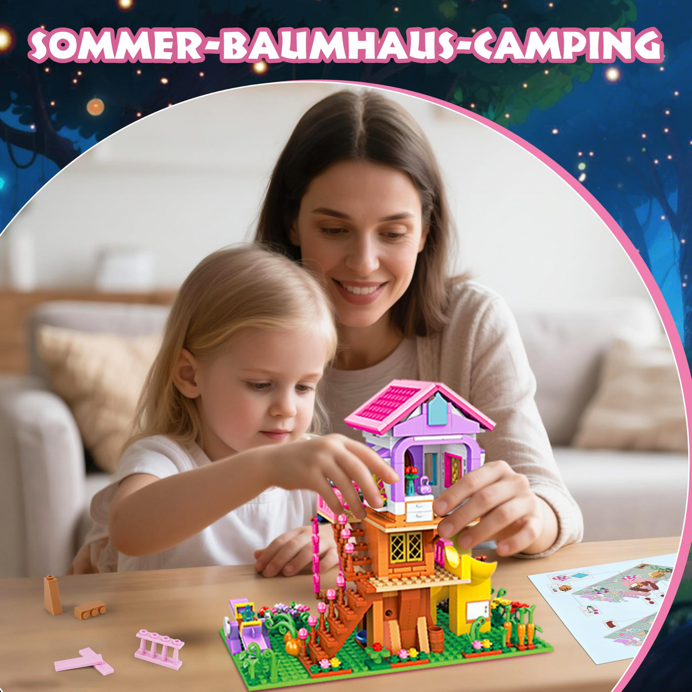 Charmofun Baumhaus Bausteine Set mit LED Licht, 685 Teile Klemmbausteine Haus, Technik Baumhaus mit Rutsche, Haus Bauspielzeug Geschenke für Kinder Mädchen Jungen ab 8 9 10 11 12+ Jahre