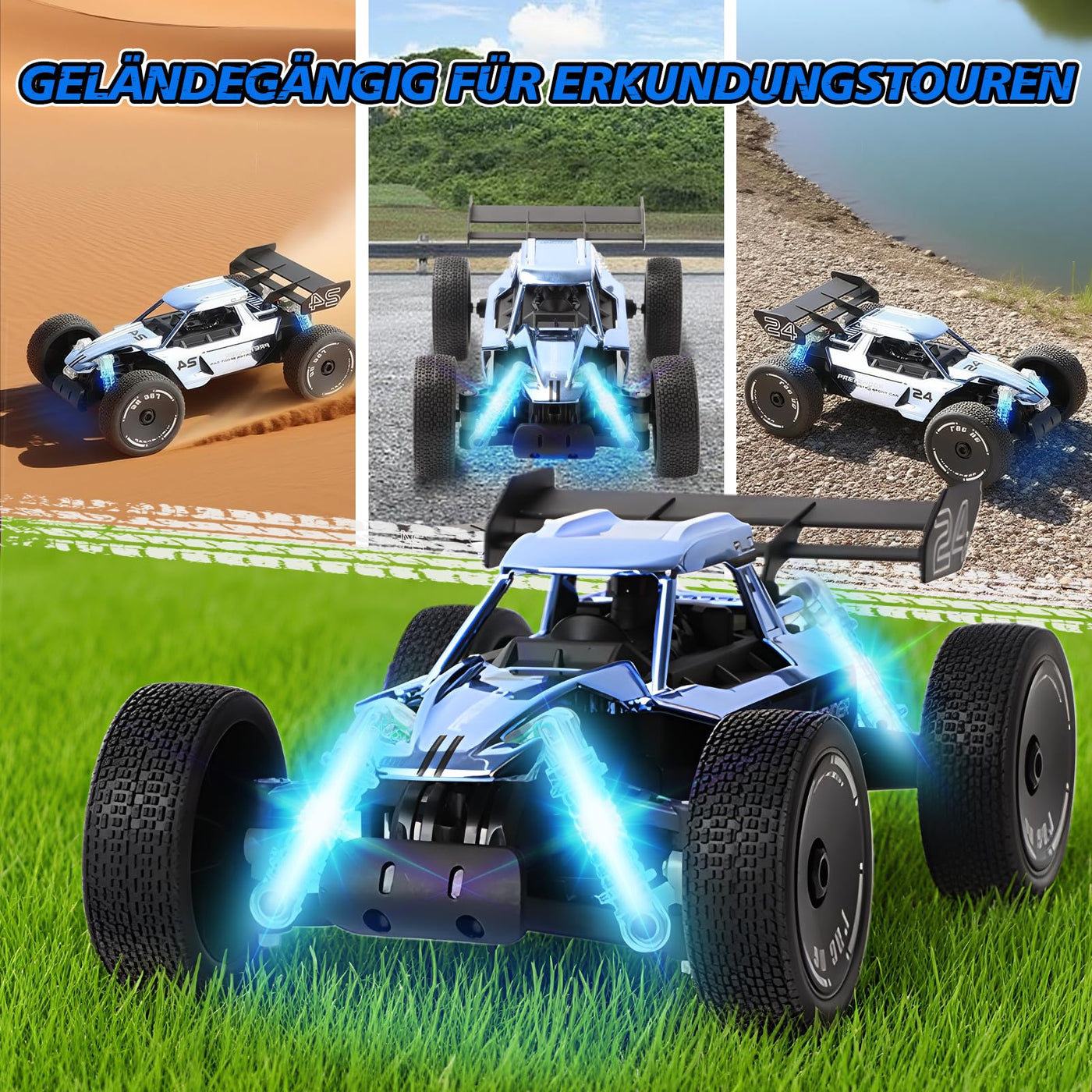 BuzzoXerex 1:18 Ferngesteuertes Auto, 2.4GHz RC Offroad Auto, 2WD 15KM/H RC Buggy mit Sprühfunktion LED-Leuchten, 60 Min Spielzeit, Spielzeugauto Geschenk für Kinder ab 6 7 8 Jahre (Blau)