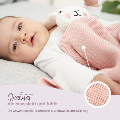 Livella Kuscheltuch „Hase“ mit Söckchen - Reine Bio-Baumwolle – Premium Schmusetuch, Kuscheldecke, Schmusedecke, Strickdecke - Samtweich & atmungsaktiv - Oeko-TEX® Standard 100 und GOTS Zertifiziert