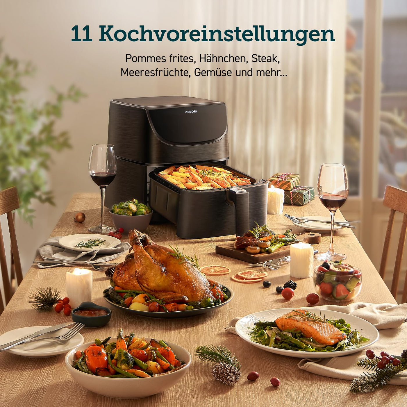 COSORI Heißluftfritteuse Airfryer, 11-in-1 Air Fryer XXL 5,5L, Friteuse Heissluftfritteuse mit Shake-Reminder, 100 Rezepte, 55 Prozent energiesparend, spülmaschinenfeste Körbe