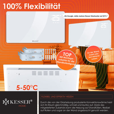 KESSER® Glaskonvektor Glasheizung Elektroheizkörper APP WiFi Funktion Inkl. Fernbedienung Elektroheizung Stand- oder Wand Heizung Heizkörper | Touchscreen | LCD-Display | Timer | 2500 Watt | Weiß