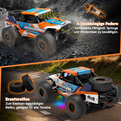 Ferngesteuertes Auto ab 10 Jahre, 32KM/H RC Auto Offroad mit 7 Farben Lichtern, 1/18 RC Monstertruck mit Ersatzreifen, 2.4GHz Monstertruck Ferngesteuert für Kinder Erwachsene, 4WD RTR All Terrain